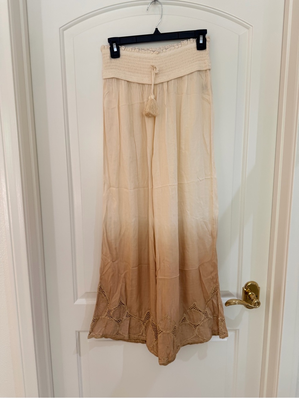 Surf Gypsy Beige to Tan Ombre Wide Leg Pants with Crochet Hem